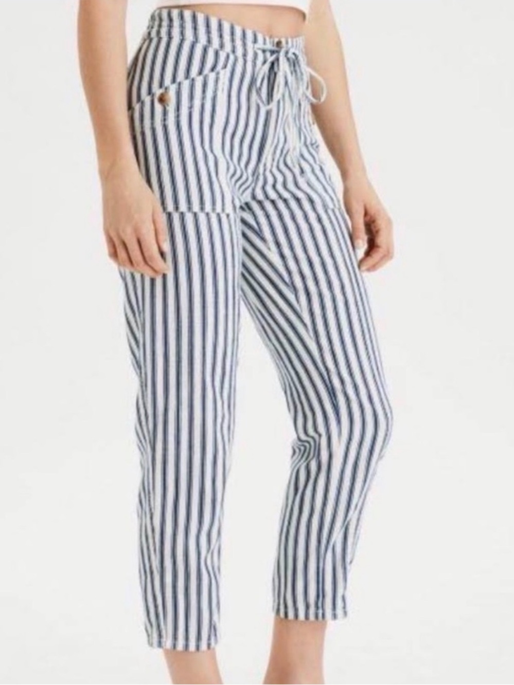 American Eagle Coastal Striped Blue and White Pants With Drawstring Waist 4
